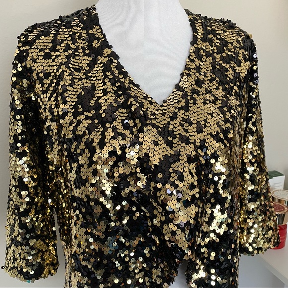 Free Press Gold Sequins Open Front Cropped Jacket - Picture 2 of 8
